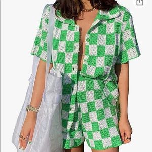 Unauty Women Checkerboard Print Knit Button Up Short Sleeve Top + Shorts